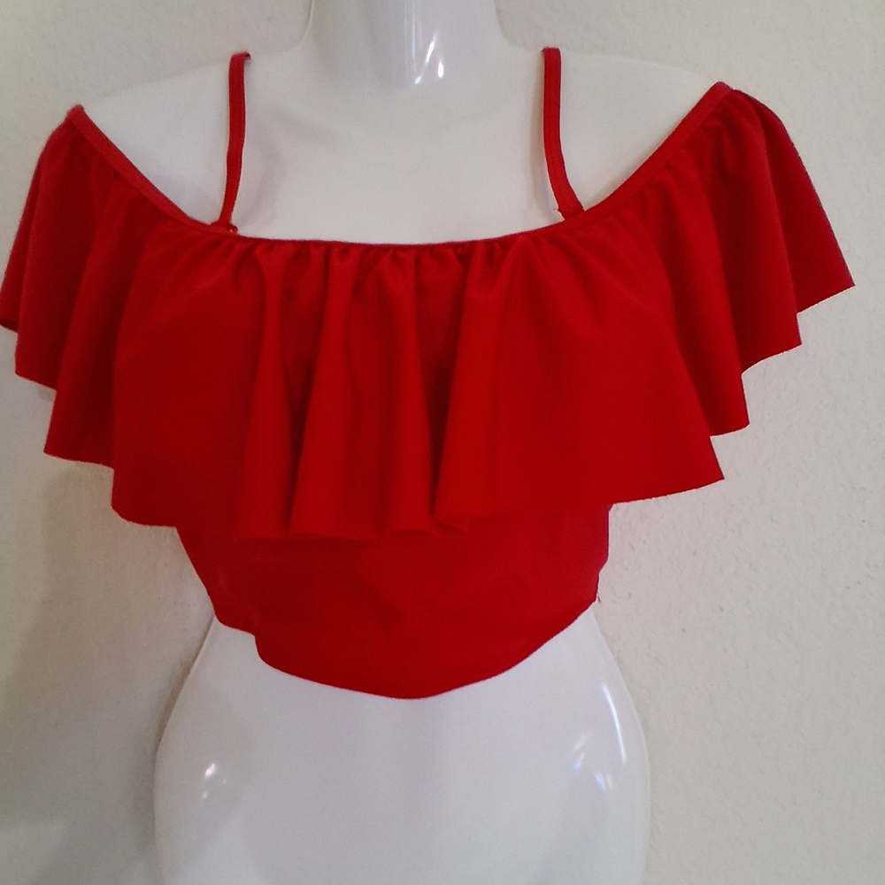 Red Hot Ruffle Off-Shoulder Swimsuit top.